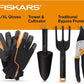 Fiskars House Plant Starter Tool Gift Set with Bypass Pruner, Trowel, Cultivator, and L/XL Garden Gloves, Accessories for Indoor Gardening (4 Piece Kit)