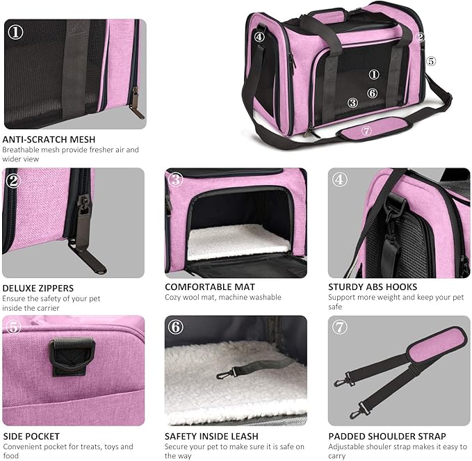 Pet Carrier for Small Medium Cats Dogs Puppies up to 15 Lbs, TSA Airline Approved, Soft Sided, Collapsible Travel - Pink