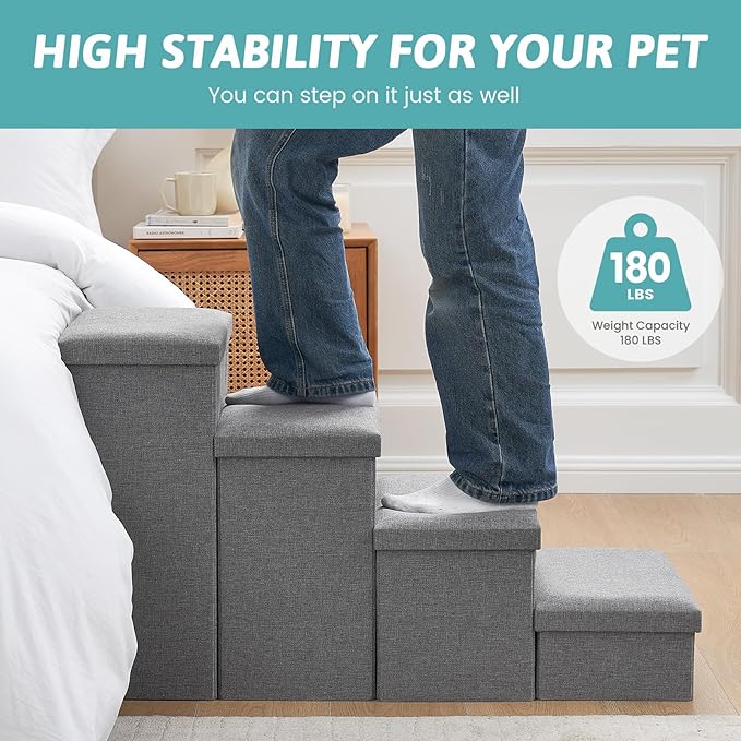 Dog Stairs with Storage, 3-Step Wider Sturdy Dog Steps for Small/Medium/Large Dogs and Older Cats, Folding Doggie Ramp for Bed/Couch/Car Hold Up to 180 lbs (16.7" H, Grey)