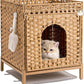 Cat Litter Box Enclosure Hidden Litter Box Furniture with Metal Heightened Feet, Rattan Handwoven Cat House with Litter Mat, Hidden Litter Box Furniture for Bedroom Living Room Natural
