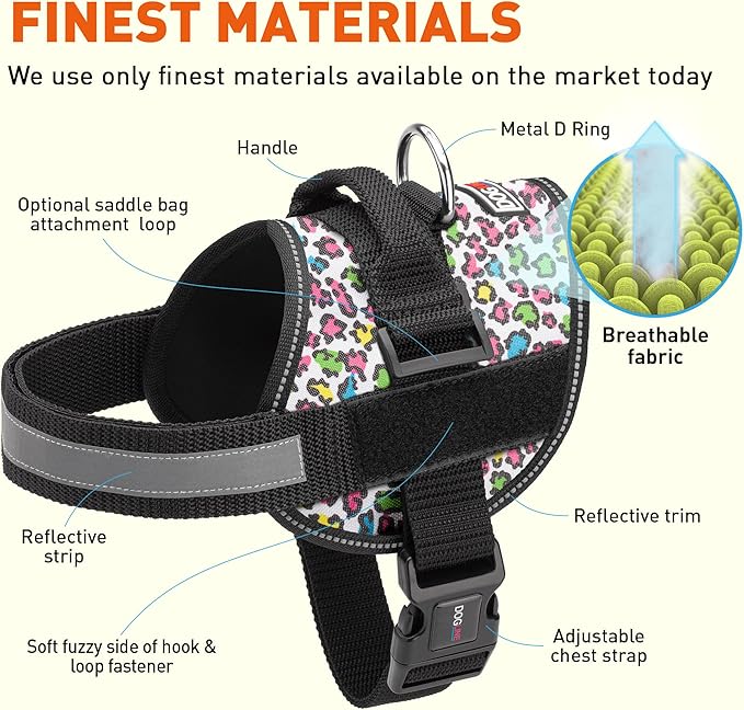 Dogline Dog Harness, Reflective No-Pull Adjustable Vest with Handle for Walking, Training, Breathable, No - Choke Harness for Small, Medium or Large Dogs Room for Patches Leopard Rainbow M 22"-28"