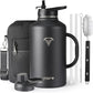 Half Gallon Water Bottle with Straw and Lid, 64 oz Insulated Stainless Steel Jug with Handle,Reusable Metal Travel Flask Mug Cup With Carry Pouch and Brush,Keep Cold & Hot,Black
