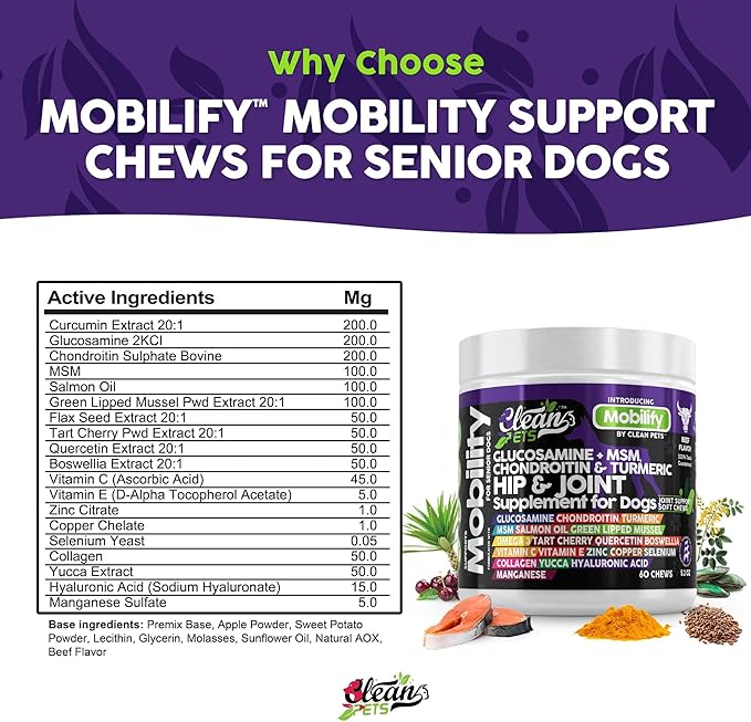 Hip and Joint Supplement Dogs with Glucosamine for Dogs + Chondroitin, Turmeric, Hyaluronic Acid, MSM, Salmon Oil, Collagen, Vitamin C, Omega 3 Senior Dog Supplements Beef Flavor - 1Pack