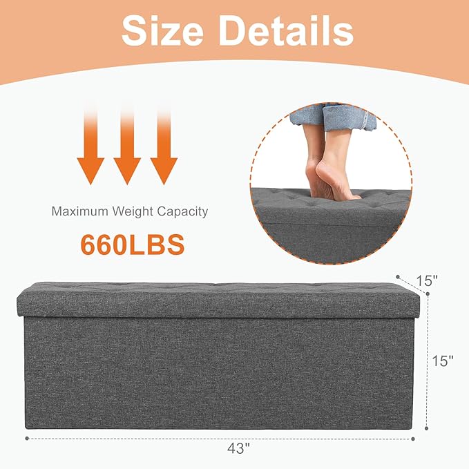 Sweetcrispy Foldable Storage Ottoman 43in, Storage Chest, Large Ottoman Bench Foot Rest Stool with Padded Seat for Entryway Living Room, Bedroom,Load 350lbs, Modern Grey