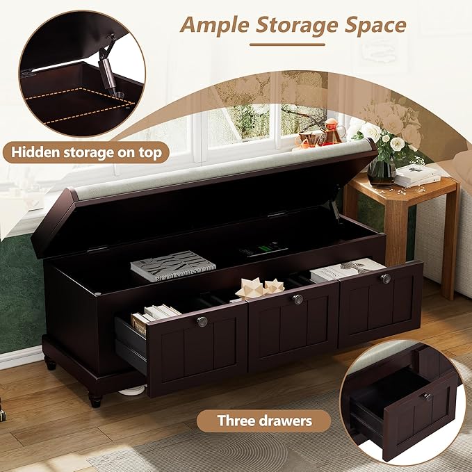 Classic Shoe Storage Bench with Cushion and Three Drawers, Fluted Entryway Bench with Storage for Entryway, Living Room, Hallways 44.0" L x 15.9" W x 18.9" H Espresso