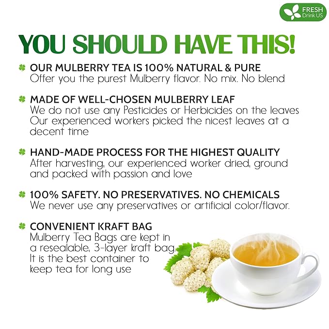 FreshDrinkUS Premium Mulberry Leaf Tea - 50 Bags, 100% Natural & Pure. Loose Leaf Herbal Tea. Natural Material Tea Bags. No Sugar, Caffeine, Gluten. Vegan.