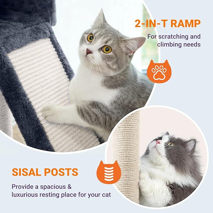Allewie 81 Inches Tall Cat Tree/Multi-Level Large Climbing Tree House and Towers for Big Feline/Condo and Hammock/Scratching Post/Wide Base/Dark Grey