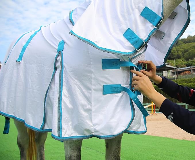 Horse Fly Sheet with Detachable Neck Cover & Belly Wrap, Adjustable Fly Sheet for Horses, Ventilated Airflow Mesh Equine Cooling Summer Flysheet White 69