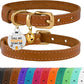 BRONZEDOG Leather Cat Collar with Removable Bells Non Breakaway Kitten QR Tag for Girl Boy (7" - 9" for Cats, Light Brown & Gold)