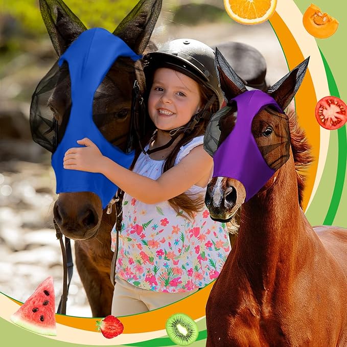 Sadnyy 6 Pcs Horse Fly Masks with Ears Comfort Breathable Mesh Fly Masks Net UV Protection Large Eye Space Full Face Covering Elasticity Soft for Horses(Medium)