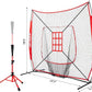 7'X7' Baseball Softball Practice Net,Pitching Net,Batting Net,with Baseball Tee,Bonus Strike Zone and Bow Frame,for Hitting,Pitching, Catching