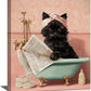 Cat Bathroom Wall Decor Black Cat Reading Newspaper in Bathtub Canvas Wall Art Funny Bathroom Pictures Kitten Painting Print Pink Artwork Framed Decorations Gifts 12"x16"