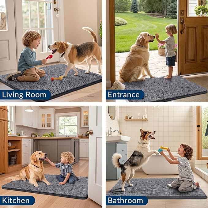 Smiry Dog Door Mat for Muddy Paws 47x24, Absorbs Moisture and Dirt Doormat, Non-Slip Washable Quick Dry Chenille Front Door Mat Indoor Entrance, Entryway Carpet for Inside Floor, Dark Grey