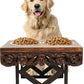 Elevated Pet Feeder for Dogs and Cats - The Bali Carved Wood Pet Feeding Stand with Two Stainless Steel Bowls - Three Heights Adjustable Raised Dog Bowl - Food Water Pet Feeding Station - IRONGATE