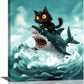 Funny Black Cat Bathroom Wall Art Cute Cat Riding Shark Canvas Wall Decor Animal Kitten Pictures Painting Print Artwork Framed Decorations Gifts for Cat Lover Kids Room Bedroom 16"x20"