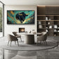 Large Bison Buffalo Wall Art for Living Room, Framed Oversized Bull Wall Decor, Abstract Teal and Golden Canvas Painting Modern Artwork for Living Room Bedroom Office Dining Room 60"x30"