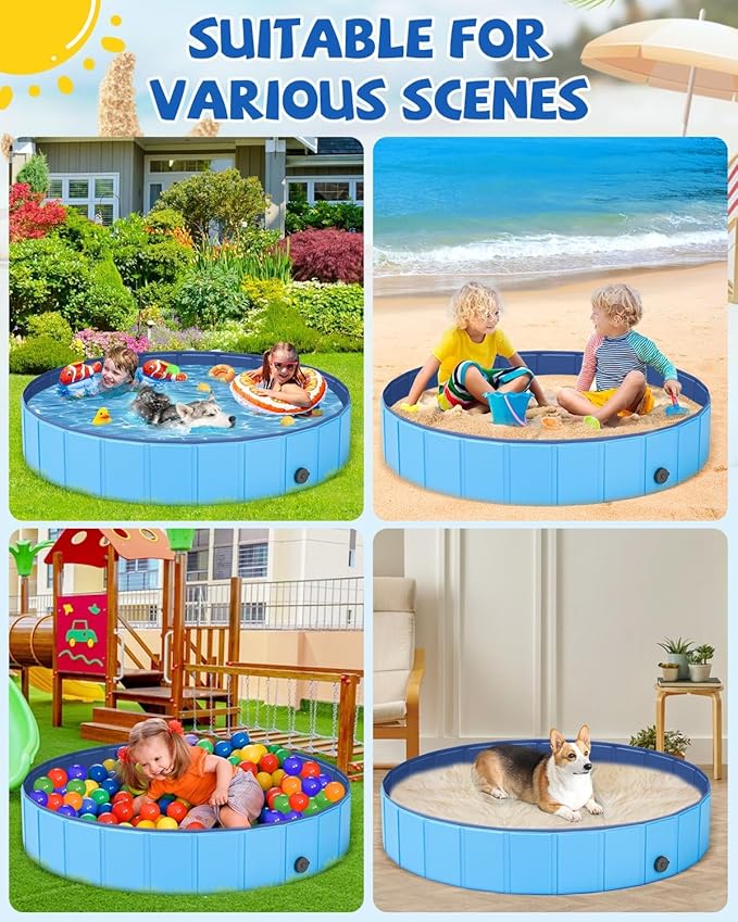 Foldable Dog Pool, YSJILIDE Portable PVC Pet Swimming Pool, Collapsible Plastic Bath for for Large Medium Small Dogs & Kids (XXXL-79"x 16" Blue)
