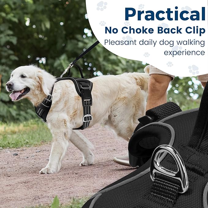 Funfox Dog Harness No Pull, Adjustable Dog Vest Harness Super Soft, 2 Leash Clips Anti Pull, Vertical Handle Easy to Control, Reflective Night Walking for Large Breed, Black, L