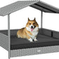 PawHut Wicker Dog House Outdoor with Canopy, Rattan Dog Bed with Water-Resistant Cushion, Raised Dog Bed for Small, Medium Dogs up to 66 lbs, 19.75" in Length, Silver Wicker, Gray Cushion