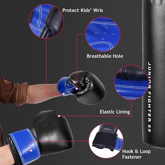 GYMAX Kids Punching Bag Set, Prefilled Junior Kick Boxing Bag Kit with Gloves & Jumping Rope, Heavy Duty Wall Mounted Punching Bag for Youth MMA, Martial Kungfu Thai Training