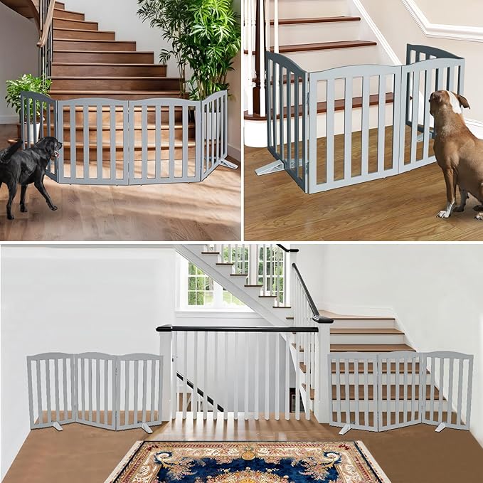 ZJSF Foldable Freestanding Indoor Dog Gate for House Wood Long Pet Gates Dog Fence for Stairs Puppy Gates for Hallways, Puppy Gate,Support Feet Included, Grey, 24 "Height-6 Panels