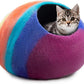 Woolygon Premium Felt Cat Cave Bed – Wool Kitty Beds Handcrafted Kitten Caves Bed for Indoor Cats - Made from 100% Eco-Friendly Merino Wool, Foldable Cat Hidewawy Covered Cat House Pod (Rainbow Twist)