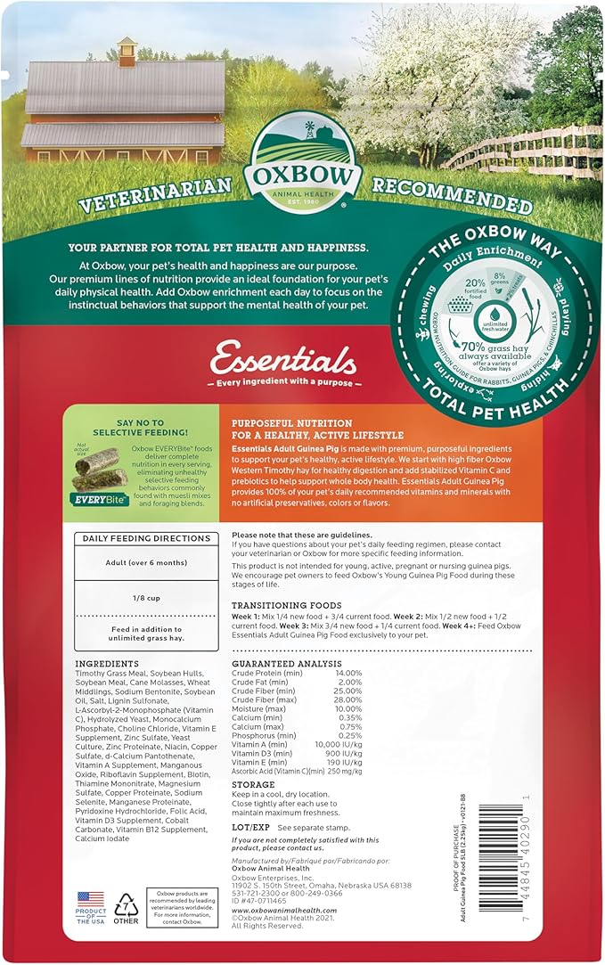 Oxbow Essentials Guinea Pig Food, Adult Guinea Pig, Made with Oxbow Timothy Hay, Pet Food Pellets with Vitamin C, Small Animal Pet Products, Made in USA, High Fiber, 5 lb. bag