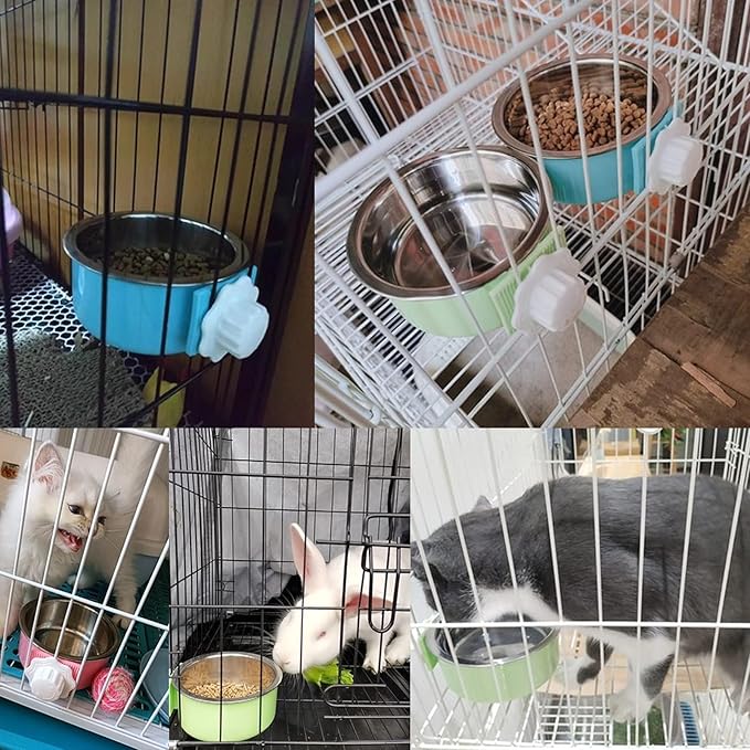 kathson Crate Dog Bowl, Removable Stainless Steel Hanging Pet Cage Bowl Food & Water Feeder Coop Cup for Cat, Puppy, Birds, Rats, Guinea Pigs 4pcs Large(2×Blue,1×Pink,1×Green)