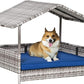 PawHut Wicker Dog House Outdoor with Canopy, Rattan Dog Bed with Water-Resistant Cushion, Raised Dog Bed for Small, Medium Dogs up to 66 lbs, 19.75" in Length, Gradient Gray Wicker, Dark Blue Cushion