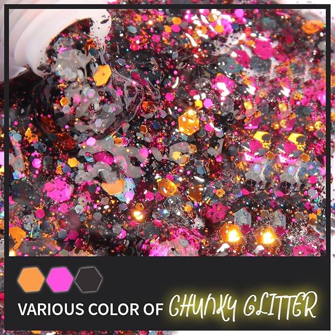 DAGEDA Halloween Body Glitter Gel, Face Glitter Body Gel Sequins Shimmer, Halloween Decor Makeup Chunky Glitter for Face Hair Nails, Holographic Cosmetic Laser Powder Festival Glitter Makeup 50ml
