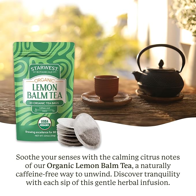 Starwest Botanicals Organic Lemon Balm Leaf Tea - Calming Herbal Tea for Women & Men, Caffeine Free, USDA Organic Lemon Balm Leaf, String Free Sachets, Non GMO - 20 Tea Bags