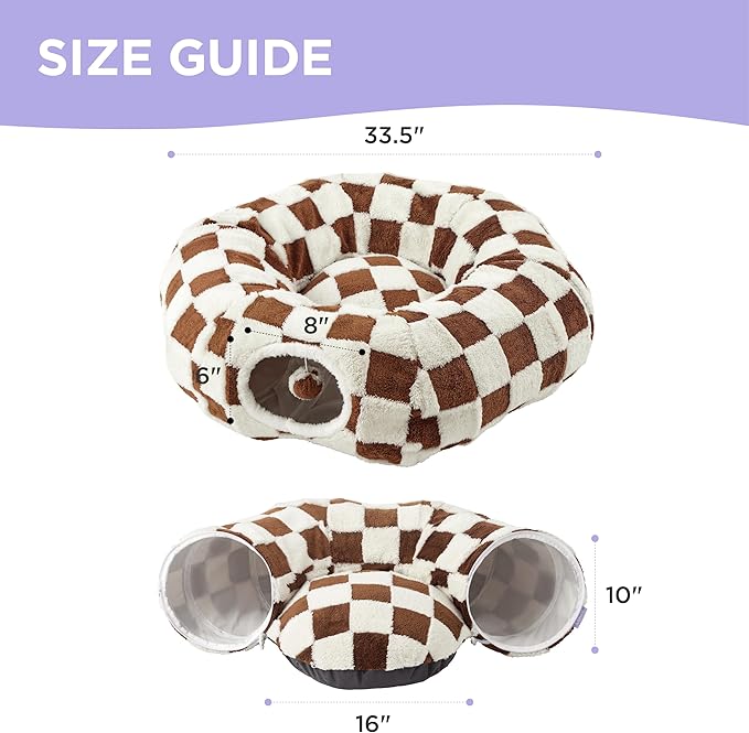 Lesure Cat Tunnel Bed for Indoor Cats - Cute Cat Donut Tunnel Toys for Small Large Cats with Washable Circle Cushion, Round Pet Peekaboo Cave Toy for Kitten/Puppy/Rabbit, Standard Brown