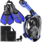 Mask Fins Snorkeling Gear for Adults, Full Face Snorkel Mask & Adjustable Swim Fins Snorkel Set, Panoramic View Snorkel Mask Dry Top Anti-Fog Anti-Leak