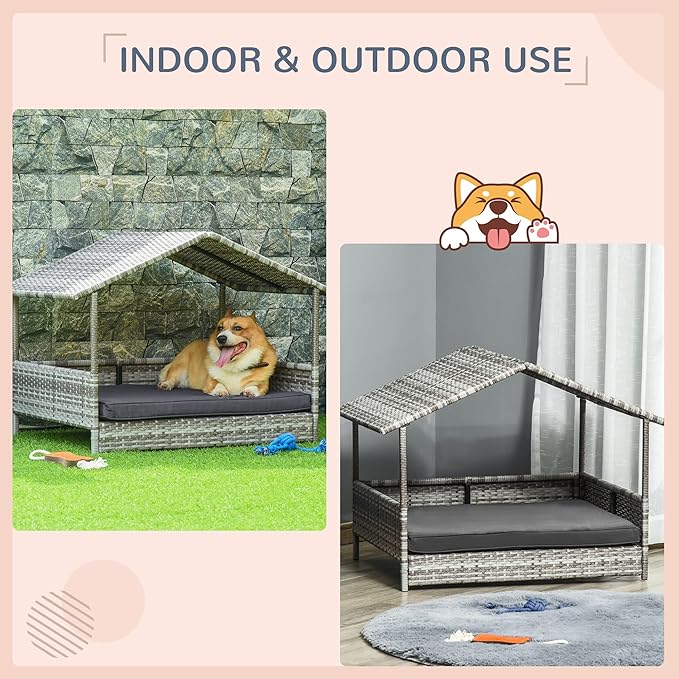 PawHut Wicker Dog House Outdoor with Canopy, Rattan Dog Bed with Water-Resistant Cushion, Raised Dog Bed for Small, Medium Dogs up to 66 lbs, 19.75" in Length, Gradient Gray Wicker & Cushion