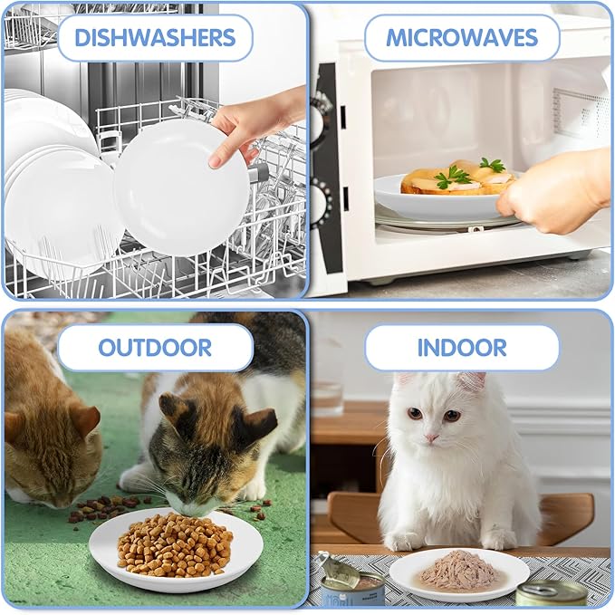 6 Pack Cat Food Bowl, Ceramic Cat Bowls, Anti Whisker Fatigue Cats Bowl,5.5 Inches Shallow Wide Kitten Plates for Food and Water (White)