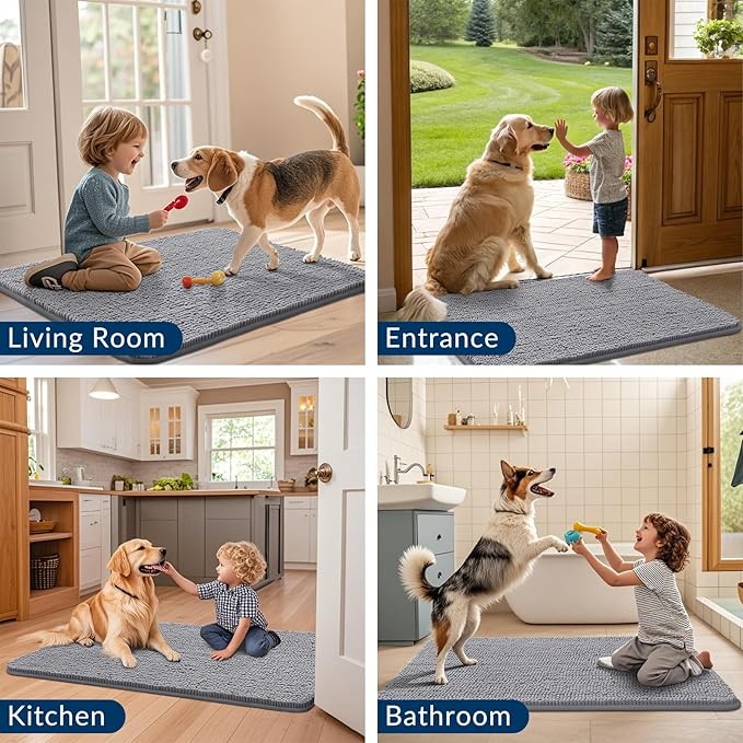 Smiry Dog Door Mat for Muddy Paws 59x35, Absorbs Moisture and Dirt Doormat, Non-Slip Washable Quick Dry Chenille Front Door Mat Indoor Entrance, Entryway Carpet for Inside Floor, Grey