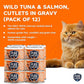 Wet Cat Food Canned Tuna and Salmon Cutlets in Gravy, 100% Mercury-Tested, Moist Can Fish for Cats, Grain-Free, Protein, Non-GMO, Pack of 12