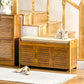 Shoe Bench with Storage Cabinets, Bamboo Entryway Bench with Seating Cushion, 3 Doors and Hidden Compartment for Hallway, Brown