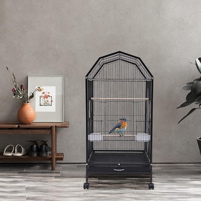 40-Inch Wrought Iron Bird Cage with Open-Top and Rolling Stand, Movable Parrot Cage Pet Bird Flight Cage, 360 Degree View Spacious Interactive Roof Pet Bird House for Medium&Small Birds