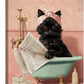 Cat Bathroom Wall Decor Black Cat Reading Newspaper in Bathtub Canvas Wall Art Funny Bathroom Pictures Kitten Painting Print Pink Artwork Framed Decorations Gifts 16"x24"
