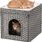 Cat Beds for Indoor Cats Extra Large Double Cat Cave Pet Cube, Handwoven Rattan Cat Houses with Double-Sided Soft Cushions, 18.5 x 20.5 x 19.1 Inches Foldable Hideaway in Living Room Gray