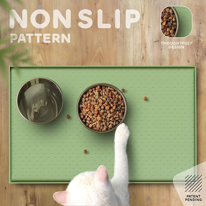 Dog Food Mat - 28x18 Raised Edges Dogs Mat for Food and Water Prevent Spill, Waterproof Cat Food Mats Protect Floors, Easy Clean Dog Bowl Mats for Food and Water, Silicone Pet Feeding Placemats Green