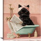 Cat Bathroom Wall Decor Black Cat Reading Newspaper in Bathtub Canvas Wall Art Funny Bathroom Pictures Kitten Painting Print Pink Artwork Framed Decorations Gifts 24"x20"