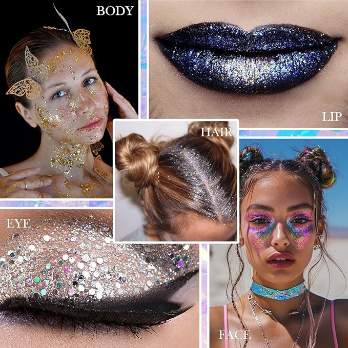 Body Glitter Gel - 4th of July Accessories, Sparkly Chunky Glitter Hair for Kids Women, Iridescent Glitter Freckles, Singer Concert Festival Rave Accessories (Mermaid Glitter)