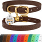BRONZEDOG Leather Cat Collar with Removable Bells Non Breakaway Kitten QR Tag for Girl Boy (9" - 12" Cats/Mini Dogs, Dark Brown & Gold)