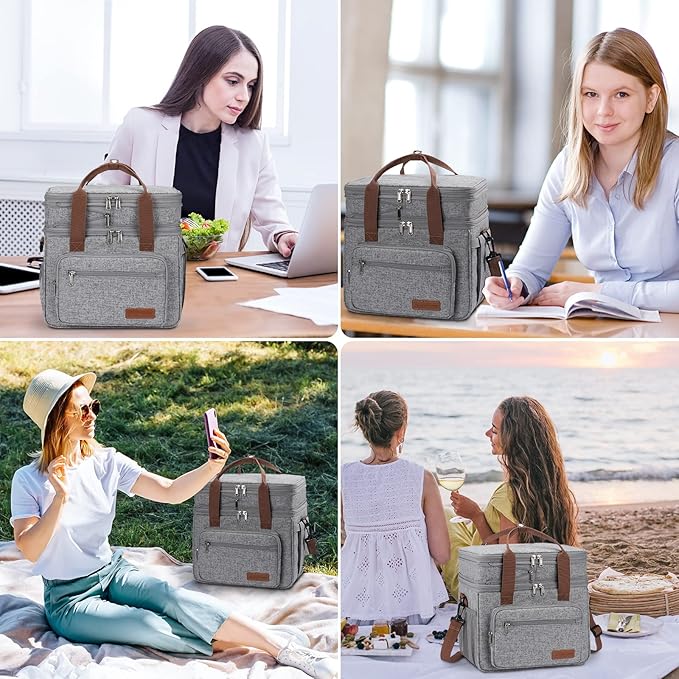 Maelstrom 23L Insulated Lunch Box For Men Women,Expandable Double Deck Lunch Cooler Bag,Lightweight Leakproof Tote Bag With Side Tissue Pocket,Gray