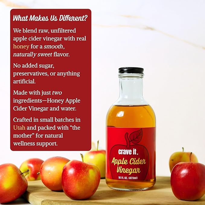 Crave It. Apple Cider Vinegar with Mother - Gut Health & Digestion - Made with Utah Honey - 16oz - 6pk