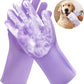 Pet Grooming Gloves，Heat-Resistant Silicone Gloves with High-Density Teeth for Enhanced Massaging and Bathing of Dogs and Cats (Purple, 1 Pair)