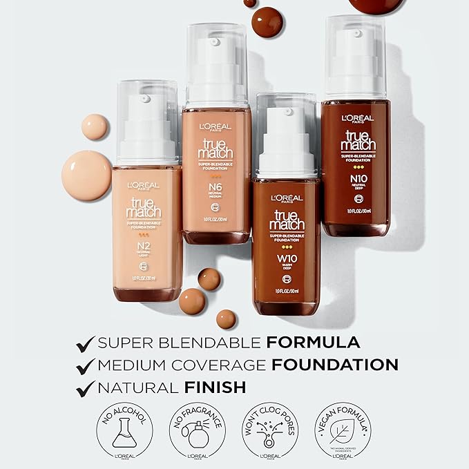 L'Oreal Paris True Match Super-Blendable Foundation, Medium Coverage Liquid Foundation Makeup, W8, Medium Deep, 1 Fl Oz