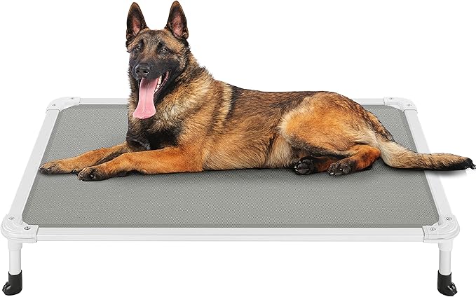 Veehoo Chew Proof Elevated Dog Bed - Cooling Raised Pet Cot - Silver Aluminum Frame and Durable Textilene Mesh Fabric, Unique Designed No-Slip Feet for Indoor or Outdoor Use, Grey, Large, CWC2003